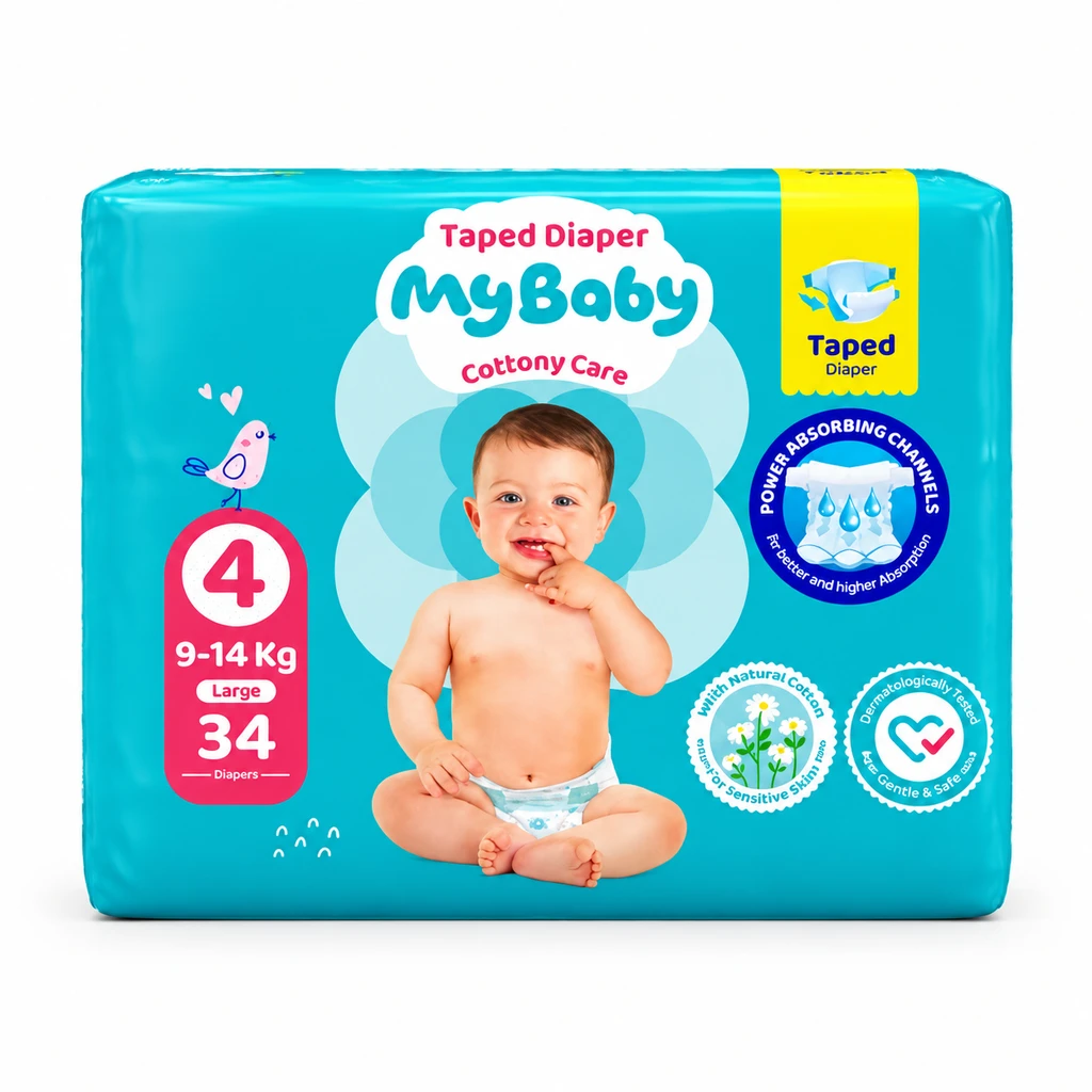 پوشک بچه مای بی بی مدل Cottony Care سایز 4 بسته 34 عددی (مناسب وزن 9 تا 14 کیلوگرم)